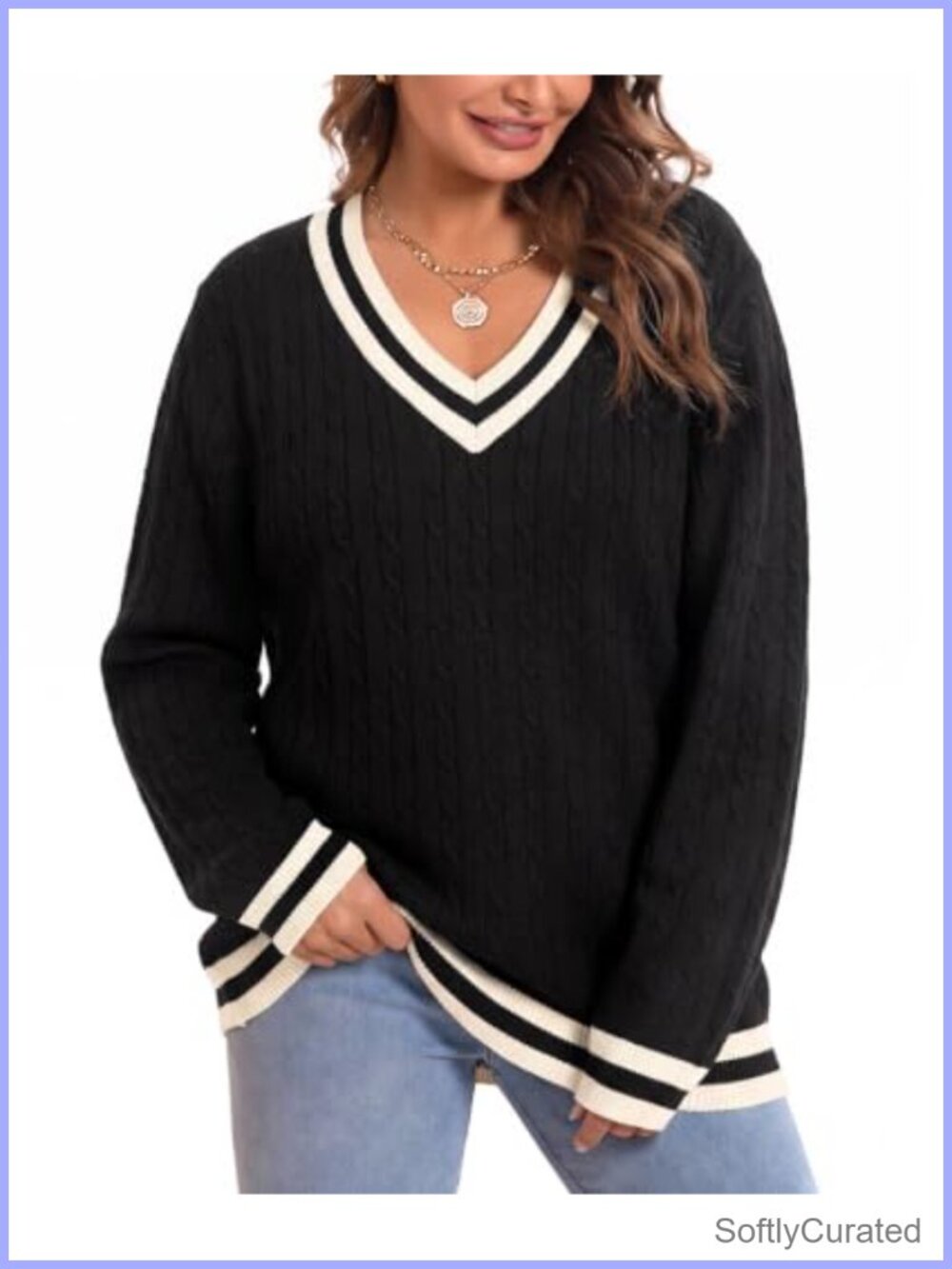 Plus Size Cable Knit V-Neck Sweater Long Sleeve Pullover Fall Winter